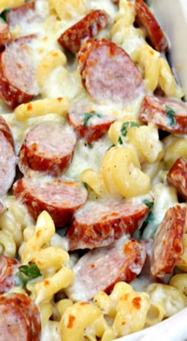 Great for a sports banquet. Spicy Smoked Sausage Alfredo Bake Smoked Sausage Alfredo Bake, Sausage Alfredo Bake, Smoked Sausage Alfredo, Spicy Smoked Sausage, Sausage Alfredo, Alfredo Bake, Copycat Panera, Smoked Sausage Recipes, Sausage Dishes