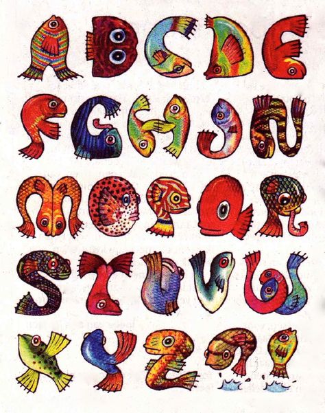 Vissenalfabet (Fish Alphabet) by Frits Jonker. Fun Alphabet Fonts, Fish Typography, Fish Font, Funky Alphabet, Fish Alphabet, Letter Art Alphabet, Fun Letters, Food Fish, Couples Drawings