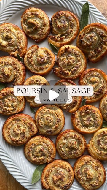 Miranda Peragallo on Instagram: "Boursin & Sausage Pinwheels 🌀🧀  If you’re looking for a savory, cheesy, and crispy appetizer, look no further. 👏 These pinwheels are easy to make and are loaded with flavor. Puff pastry makes me so so happy because it is so buttery and flakey on its own, so it pairs beautifully with this filling. Try it out! 🤍  Ingredients: •1 sheet frozen puff pastry •1/2 lb Italian sausage (if links, about 2 1/2 links, casing removed) •1 5.2oz package Boursin cheese (I did caramelized onion) •1/2 tbsp fresh Sage, chopped •1 egg •1 tbsp water •black pepper, to taste •flour, as needed  Instructions: 1. Place frozen puff pastry on counter to begin thawing.  2. While the puff pastry is thawing, prepare the filling. Heat a medium pan to medium-high. Add the sausage. Crumbl