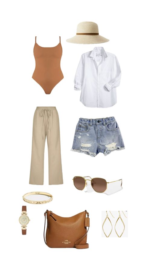 Brown body suit, white button down, linen pants, cut off shorts Summer Mom Style, Suit White, White Button Down, Easy Summer, Cut Off Shorts, Mom Style, Body Suit, Linen Pants, Cut Off