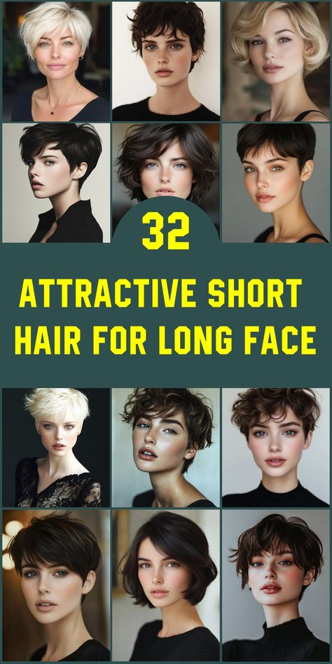 Unlock the potential of short hair for your long face. With 32 versatile styles to choose from, you'll find the perfect cut to complement your unique features. Short hairstyles can add width and soften angular lines, creating a harmonious balance. Embrace a chic, low-maintenance look that enhances your natural beauty. Oblong Short Hair, Short Bob Hairstyles For Long Faces, Long Face Haircuts Short, Pixie Hairstyles Long Face, Best Short Haircuts For Long Faces, Short Hairstyle For Long Face Girl, Outfits For Women With Short Hair, Oblong Face Short Hair, Hair Styles For A Long Face