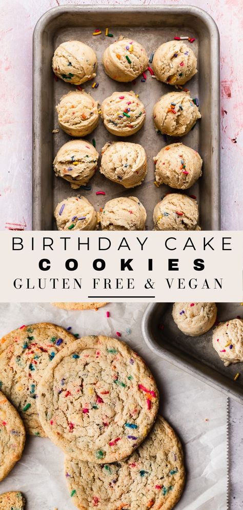 Cake Cookie Recipe, Soft Chewy Cookies, Birthday Cake Cookies, Vegan Birthday, Smoothies Vegan, Vegan Birthday Cake, Vegan Baking Recipes, Cookies Gluten Free, Cookie Cake Birthday