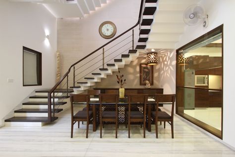 Dining Below Staircase, Dining Room With Stairs, Stairs Office, Dipen Gada, Duplex Staircase, Pantry Plans, Crate Desk, Indian Living Room, Stair Design