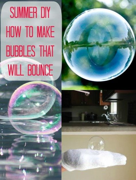 Great Bubble DIY for Kids – Make Bubbles that Will Bounce. 1 C distilled drinking water 1 Tablespoon dish soap 1 Teaspoon of glycerin (I ordered mine online) straw (this is just what I chose to blow the bubbles with, Im assuming you can use a typical bubble wand) 1 clean glove (or sock) – (this is to keep the bubble from popping) Bouncing Bubbles, Bubble Diy, How To Make Bubbles, Bored Kids, Summer Fun For Kids, Summer Diy, Fun Diy, Summer Crafts, Summer Kids