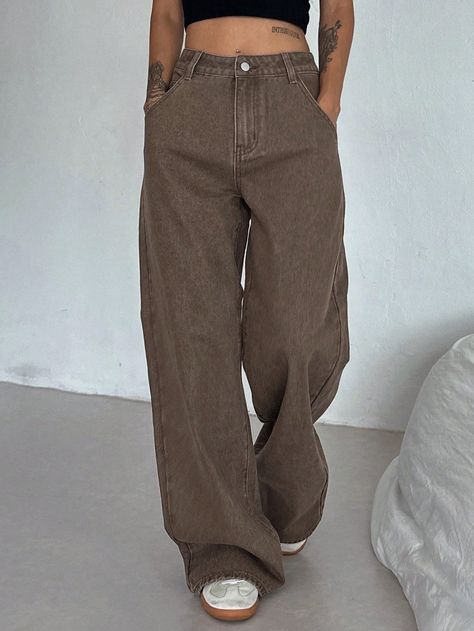 Women's Solid Color Minimalist Everyday Denim Jeans Coffee Brown Casual   Denim Plain Wide Leg Non-Stretch  Women Clothing, size features are:Bust: ,Length: ,Sleeve Length: Brown Jeans Women, Brown Baggy Pants, Brown Wide Leg Jeans, Dark Brown Jeans, Jean Marron, Earth Tone Clothes, Jeans Marron, Dark Brown Pants, Color Minimalist