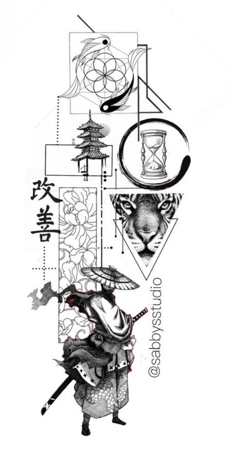 Japanese Tattoo Geometric, Geometric Samurai Tattoo, Geometric Shapes Tattoo Design, Samurai Geometric Tattoo, Asian Geometric Tattoo, Japanese Fineline Tattoo, Man Forearm Tattoo Ideas, Japanese Concept Tattoo, Geometric Japanese Tattoo