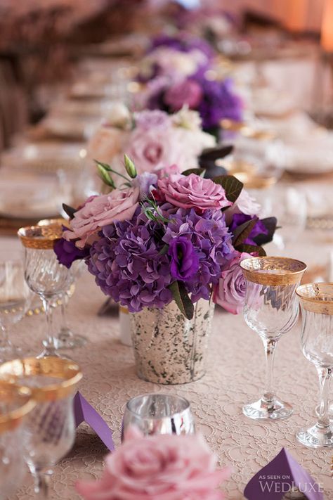 Purple Hydrangea Wedding, Hydrangea Centerpiece Wedding, Rose Gold Centerpiece, Lila Party, Gold Wedding Centerpieces, Pink Wedding Centerpieces, Purple And Gold Wedding, Wedding Flowers Hydrangea, Gold Wedding Colors