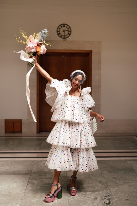 This Bride Wore Polka Dots For Part Two Of Her Joy-Themed Wedding | British Vogue Electric Wedding, Princess Birthday Party Dress, Edgy Bride, Polka Dot Wedding Dress, Posh Wedding, Waiting In The Wings, Eclectic Wedding, Colourful Wedding, Vogue Wedding