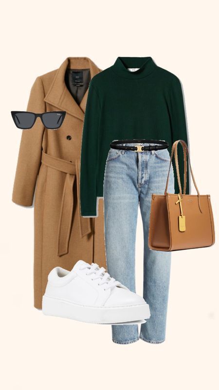 Green And White Winter Outfit, Brown Fall Outfits For Women, Autumn Jumpers Fall Outfits, Green Sweater Outfit Women, Green And Jeans Outfit, How To Style Green Sweater, Winter Sneaker Outfits Women, Autumn Outfits Green, Fall Handbags 2023