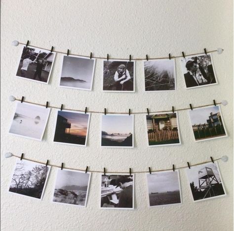 photos hung on string Hanging Pictures On The Wall With String, Pictures Hanging On String, String Photo Display Ideas, Polaroid Hanging Ideas, Hanging Pictures On String, Instax Photos Ideas Room Decor, Display Polaroids, Aesthetic Locker Decor, Photo Hanging Ideas