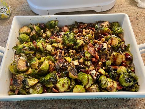 ROASTED BRUSSELS SPROUTS WITH BACON, BLUE CHEESE, WALNUTS AND CRAISINS Roasted Brussel Sprouts With Bacon And Blue Cheese, Cheese Brussel Sprouts, Brussel Sprouts Blue Cheese, Bacon Ranch Brussel Sprouts, Brussel Sprouts With Chestnuts And Bacon, Shrimp Side Dish, Bacon Quiche, Grilled Pork Tenderloin, Bacon Brussel Sprouts