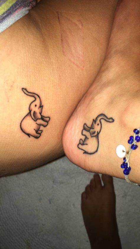 Matching elephant best friend tattoos Elephant Best Friend Tattoo, Cartoon Matching Tattoos, Matching Elephant Tattoos, Sister Foot Tattoos, Friend Tats, Friends Tattoos, Bff Tats, Friendship Tattoo, Bestie Tattoos