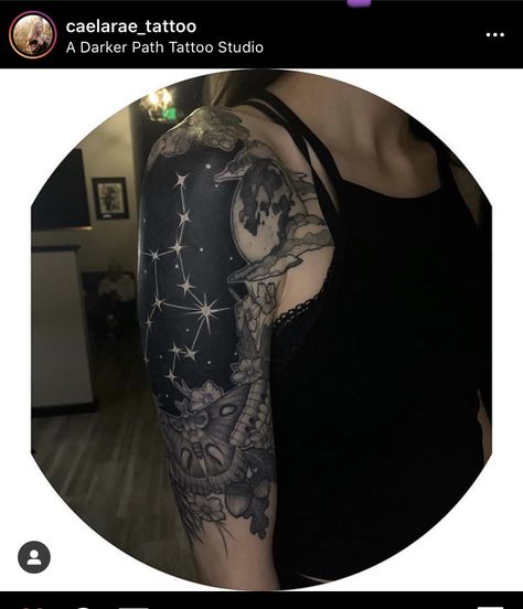 Blackout Tattoo With White Ink, Tattoo With White Ink, Big Cover Up Tattoos, Arm Cover Up Tattoos, Cover Up Tattoos For Women, Cosmic Tattoo, Sky Tattoos, Night Tattoo, Upper Back Tattoos