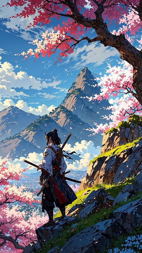 A lone samurai standing on a mountain cliff at sunrise, cherry blossom petals floating in the wind, snow-capped peaks in the background, golden sunlight breaking through dramatic clouds, intricate details on the samurai's armor and katana. ✫ ━━━━━∙⋆⋅⋆∙━━━━━ ✫ Follow ➠ @tech4vinay.ai and Hit 🔔☝️ ✫ ━━━━━∙⋆⋅⋆∙━━━━━ ✫ #vibrantlandscapes #fanatasyworld #ailove #aiart #aiartcommunity #visionartai #stablediffusionai #midjourney #tech4vinay #lumadreammachine #NaturesSymphony #SkyMagic #MountainView #... Standing On A Mountain, Lone Samurai, Mountain Cliff, Dramatic Clouds, Cherry Blossom Petals, Cool Pixel Art, Desktop Wallpaper Art, Anime Printables, Samurai Armor