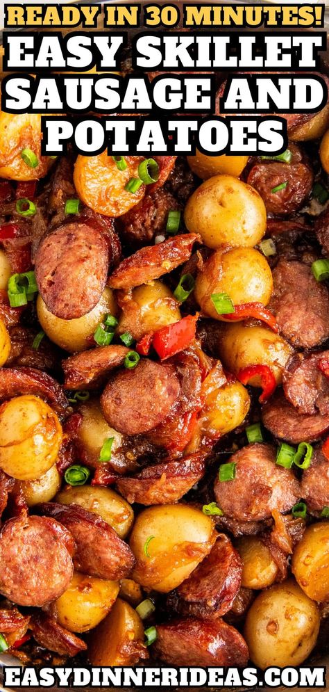 With tender potatoes and smoky sausage, this easy skillet sausage and potatoes recipe is the perfect hearty dinner made in just one pot. It has sweet, caramelized onions and tender bell peppers, and only takes 30 minutes to make! Sausage Potatoes And Peppers, Smoked Sausage And Potato Recipe, Sausage And Potatoes Skillet, Andouille Sausage Recipes, Easy Sausage Recipes, Pork Dinners, Sausage And Potatoes, Champagne Recipe, Sausage Peppers And Onions