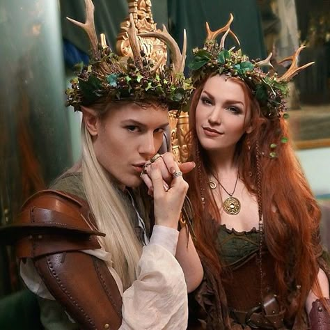 Woodland Elves, Npc Rpg, Woodland Crown, Costume Carnaval, Elf Cosplay, Deer Horns, Fest Outfits, Wood Elf, Enchanted Wedding