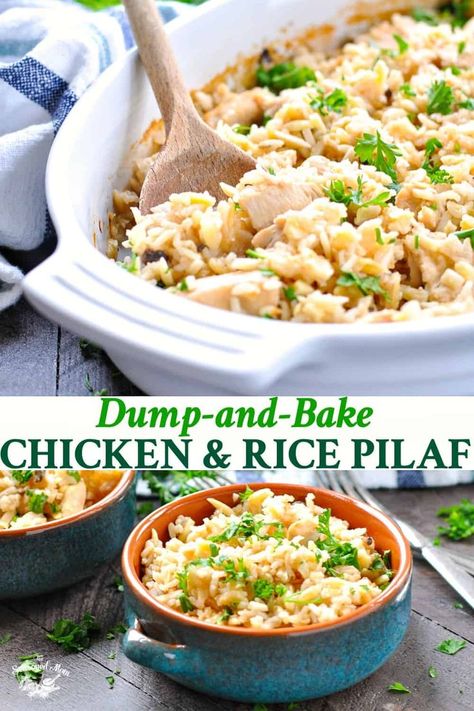 Dump-and-Bake Chicken and Rice Pilaf is an easy dinner that cooks in one dish! One Pot Meals | Chicken Breast Recipes | Casseroles #chickendinner #dumpandbake One Pot Meals Chicken, Chicken Pilaf Recipe, Chicken And Rice Pilaf, Chicken Pilaf, Easy Rice Pilaf, Dump And Bake, Meals Chicken, Baking Recipes Healthy, Rice Pilaf Recipe