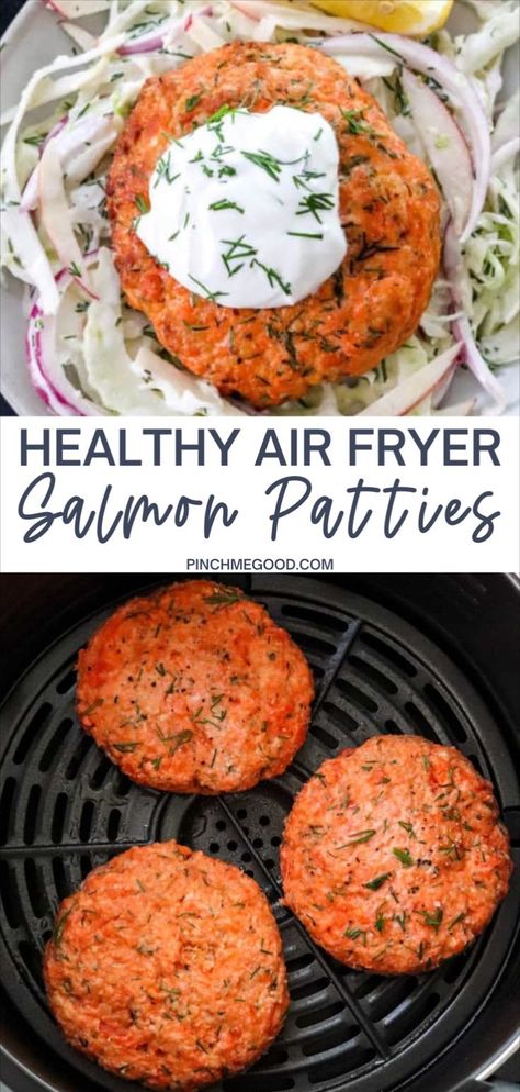 Homemade Salmon Patties, Air Fryer Salmon Patties, Creamy Slaw, Fennel Slaw, Air Fryer Salmon, Healthy Air Fryer, Salmon Patties Recipe, Air Fryer Fish, Fresh Salmon