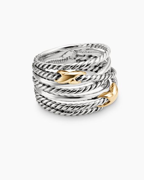 David Yurman | Double X Crossover Ring in Sterling Silver with 18K Yellow Gold, 13mm Double Finger Ring, David Yurman Ring, Crossover Ring, David Yurman Jewelry, Stacked Jewelry, Jewelry Lookbook, Yellow Gold Ring, Customer Care, High Jewelry