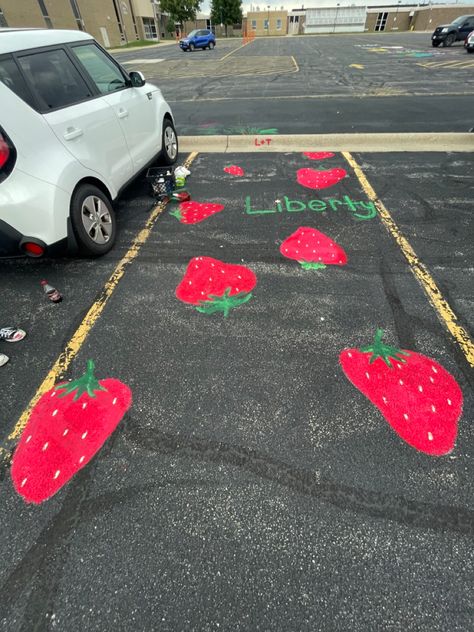 Strawberry Senior Parking Spot, Cute Parking Spot Paintings, Parking Lot Painting, Parking Spot Painting, Spot Painting, Senior Stuff, Sports Painting, Parking Spot, Vroom Vroom