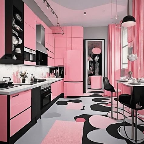 Pink And Black Kitchen, Pink Kitchen Inspiration, Solo Living, Hot Pink And Black, Pink Stuff, Pink Cups, Pink Kitchen, Black Kitchen, Trendy Kitchen