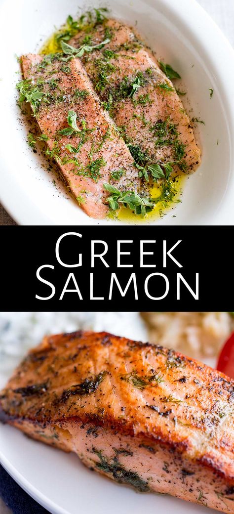 This delicious and easy Greek Salmon is the perfect quick healthy dinner for the whole family. The marinade is a simple mix of olive oil, lemon, dill, and oregano. The fish is cooked is pan-fried, giving it a wonderfully crisp exterior and meltingly tender and succulent center. Perfect for serving with orzo and a Greek salad. Transport your self to Greece with the traditional and authentic recipe for Greek Salmon! Greek Salmon Recipe, Salmon With Lemon And Dill, Salmon Steak Recipes, Greek Salmon, Anthurium Care, Cooking Salmon Fillet, Greek Lemon Potatoes, Regional Recipes, Fish Marinade