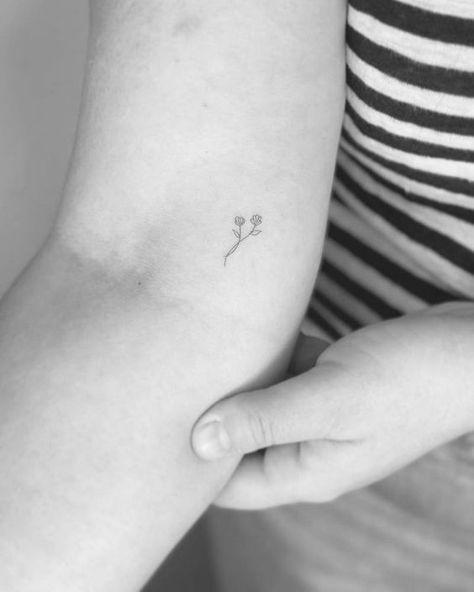 Tiny Tattoos To Get With Friends, Dainty Inner Elbow Tattoo, Small Flower Tattoo Inner Arm, Fine Line Inner Elbow Tattoo, Mini Poppy Flower Tattoo, Dainty Fine Line Flower Tattoos, Tiny Tattoo For Mom, Inner Arm Tiny Tattoo, Tiny Tattoos Arm Women