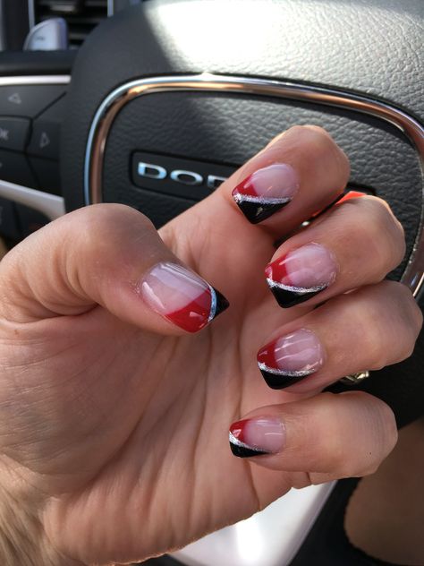 Red Black And White Football Nails, Homecoming Nails Red And Black, Red White And Black Nails Ideas, French Tip Nails Red And Black, Red Black And Grey Nails, Black And Red Tip Nails, Black Silver Red Nails, Red Black And Silver Nails Design, Red Black French Nails