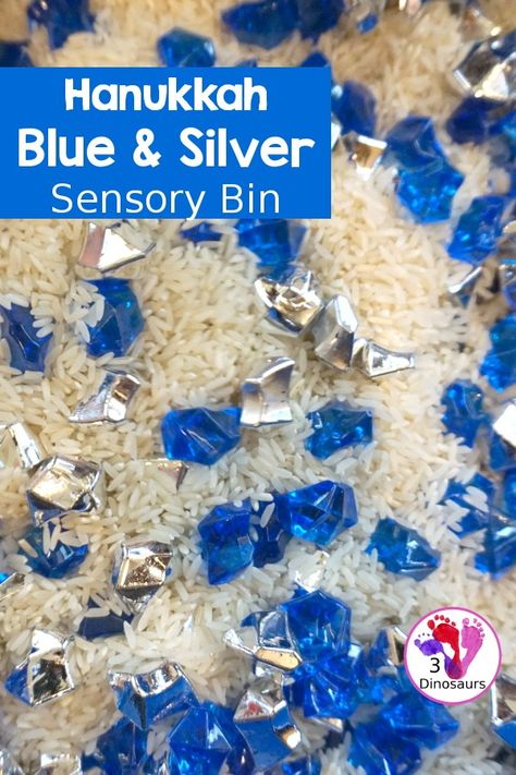 Hanukkah Blue & Silver Sensory Bin - a simple rice base sensory bin for Hanukkah with Blue and Silver that are Hanukkah colors. - 3Dinosaurs.com Hanukkah Activities, Hannukah Crafts, Hanukkah Activites, Hanukkah For Kids, Science For Toddlers, 3 Dinosaurs, Sensory Bag, Preschool Science Activities, Homeschool Board