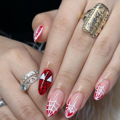 Spiderman Nails Almond Shape, Spiderman Nails Almond, Spider Nails, Marvel Nails, Short Almond Nails, Cute Acrylic Nail Designs, Classy Acrylic Nails, Soft Nails, Birthday Nails