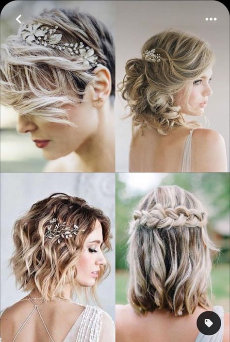 Short Hair Side Braid Wedding, Short Wedding Hair With Hairpiece, Wedding Hair Pieces Short Hair, Bridal Hair Pieces For Short Hair, A Line Bob Wedding Hair, Hairstyles For Weddings Bridesmaid Short, Bridal Braided Hairstyles Short Hair, Rustic Wedding Hairstyles For Short Hair, Short Hairstyle Wedding Women