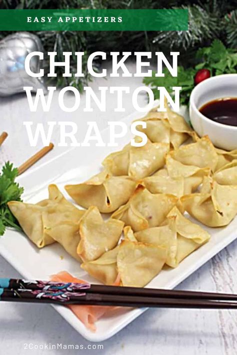 Crispy Baked Chicken Wontons are a quick and easy finger food filled with chicken & vegetables then baked to a crispy finish. They're deliciously light and make the perfect addition to your appetizer tray for New Year's Eve or your next party! #appetizer #easyrecipe #chickenwontons #asian #fingerfood #newyearseve #partyfood via @2CookinMamas Crispy Wraps, Wonton Wraps, Easy Delicious Appetizers, Easy Finger Food, Chicken Wontons, Appetizer Tray, Crispy Baked Chicken, Appetizer Trays, Best Appetizer Recipes