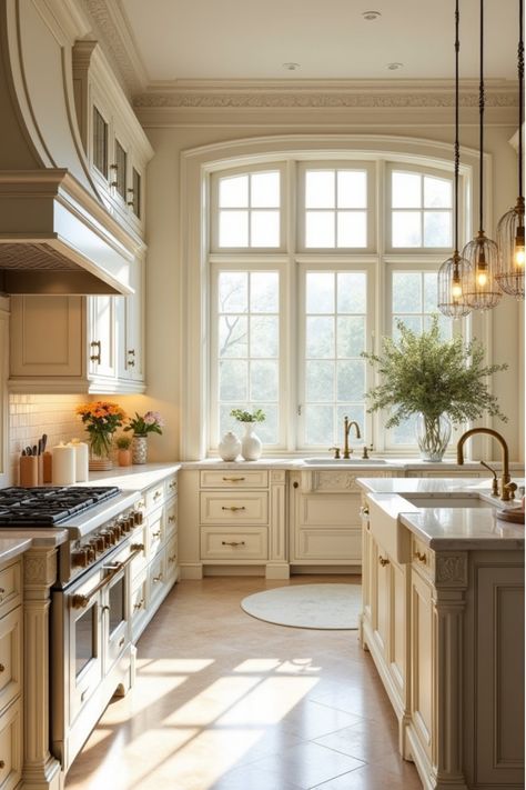 Elegant traditional kitchen featuring cream cabinets, marble countertops, and brass hardware with natural lighting Kitchen Cabinets Timeless, Modern Tudor Kitchen Design, Dream Kitchen Cozy, Cherry Floors Kitchen, Colonial House Interior Design Kitchen, Nancy Meyers Kitchen Aesthetic, Cabinet Front Styles, Timeless House Design, Tudor Style Kitchen