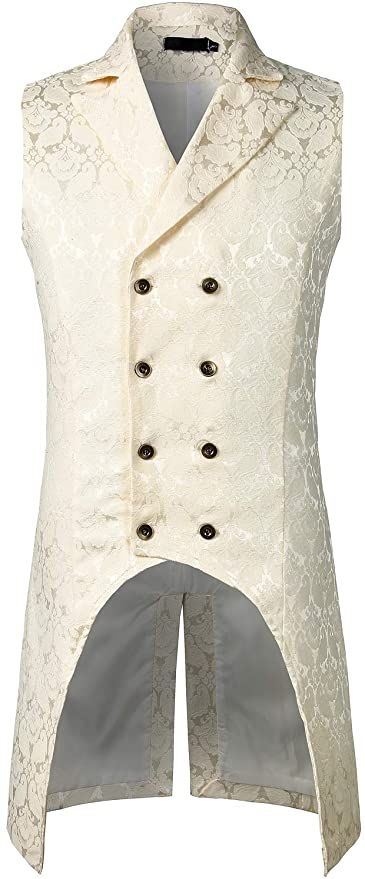 ZEROYAA Mens Gothic Steampunk Double Breasted Jacquard Brocade Vest Waistcoat Sleeveless Tailcoat ZLSV11 Cream Large at Amazon Men’s Clothing store Steampunk Fabric, Brocade Vest, Mens Steampunk, Patterns Clothing, Cream Vest, Double Breasted Vest, Double Breasted Waistcoat, Business Formal Dress, Gothic Clothes