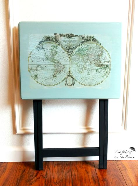 Painted Tv Trays, Tv Tray Makeover, Wooden Tv Trays, Upcycle Storage, Globe Map, Restoration Hardware Inspired, Tv Tray, Country Chic Paint, Map Vintage