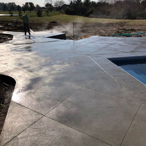 Scored Concrete Pool Deck, Cantilevered Concrete Pool Coping, Pool Hardscape Ideas Concrete, Pool Concrete Deck Ideas, Pool Concrete Ideas, Concrete Around Pool Ideas, Brushed Concrete Pool Deck, Types Of Concrete Finishes, Concrete Pool Deck Ideas