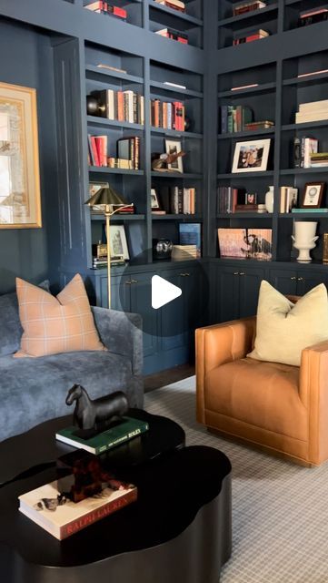 A Well Dressed Home | Interior Design Firm on Instagram: "Step into this luxurious library, where every corner is designed with purpose and elegance. From the rich navy paint selection, to the thoughtfully designed built-ins, this library is a haven for creativity and relaxation ✨  Whether it’s to enjoy a cocktail on the sofa, play a tune on the piano, or cross off your to-do list at the desk; this library effortlessly balances work, leisure and artistry!" Luxurious Library, Room With Desk, A Well Dressed Home, Victorian Remodel, Built In Wall Units, Navy Paint, Library Wall, Library Room, Wood Desk