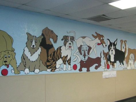 large mural painted at Waggin Tails Dog Daycare in Plano, Tx Animal Shelter Wall Murals, Vet Mural, Dog Murals, Doghouse Ideas, Fence Murals, Dog Mural, Grass And Flowers, Tamako Love Story, Shelter Design