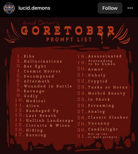 October Drawing Challenge Gore, Inktober Alternative List 2024, Goreoctober Challenge, Gore Tober List, October Writing Challenge, September Drawing Prompts, Horror Art Prompts, October Art Challenge 2024, October Drawing Challenge 2023