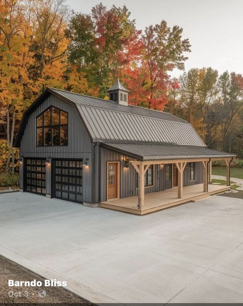 Barndominium Ideas Garage, Garage Conversion Exterior, Garage Building Ideas, Cool House Features, Barndominium Garage, Metal Barn House Plans, Garage Barndominium, Cabin Garage, Farm Garage