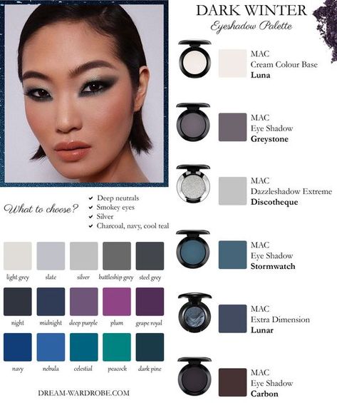 Dream Wardrobe on Instagram: "Amazing smokey eye makeup Do you want to find the most harmonious colors? Get your own Dark Winter Color and Style eBook, the complete guide! With a FREE Spring-Summer Trend digital magazine! Link in bio. #color #colortheory #colortherapy #makeuppalette #makeup #makeupcollection #makeupcommunity #darkwinter #darkwintercolors #winterpalette #smokeyeye #mac #maccosmetics #maceyeshadow" Dark Winter Makeup, Deep Winter Palette Outfits, Winter Eye Makeup, Winter Skin Tone, Winter Eyeshadow, Deep Winter Palette, Deep Winter Colors, Winter Color Palette, True Winter