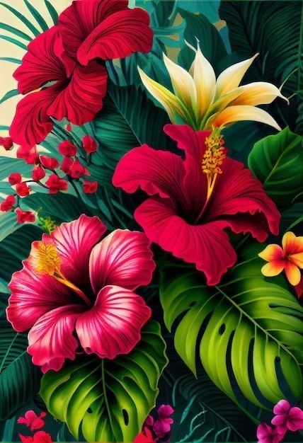 Jungle Art Tropical, Tropical Flowers Painting, Tropical Artwork, Leaves Painting, Tropical Art Deco, Album Artwork Cover Art, Tropical Art Print, Tropical Painting, Motif Art Deco