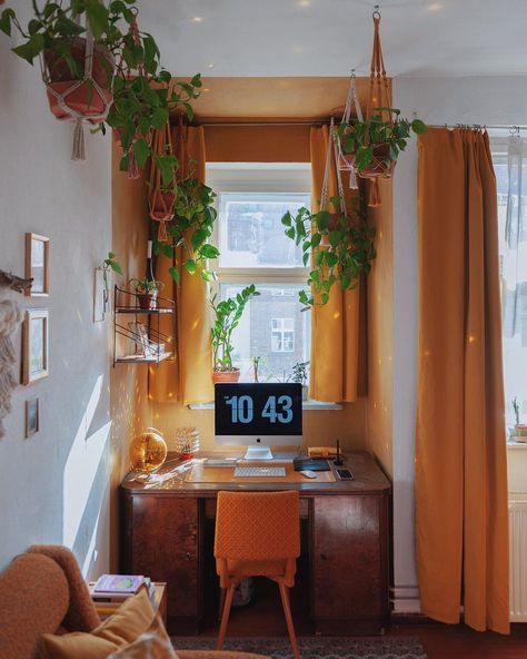 Plants Hanging From Ceiling, Home Office Nook, Hanging From Ceiling, Pretty Apartments, Colorful Room Decor, Orange Curtains, Plants Hanging, Study Room Design, Orange Chair