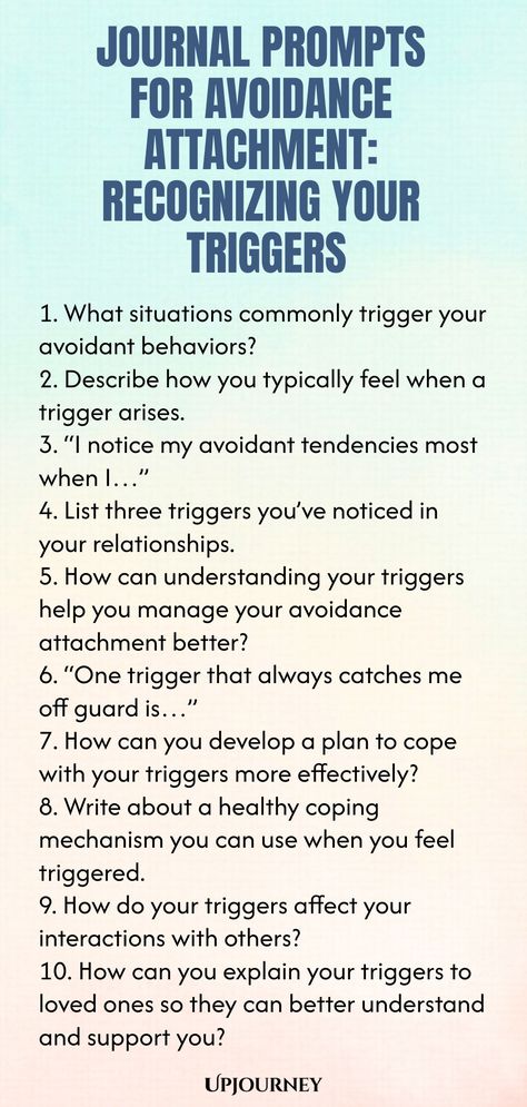 Discover insightful journal prompts to help you recognize your triggers related to avoidance attachment style. Dive deep into self-reflection and empower yourself on the journey of personal growth and healing. Use these prompts as a tool to build self-awareness and cultivate healthier relationship patterns. Start today with these powerful prompts! Journal Prompts For Attachment Issues, Relationship Patterns, Attachment Issues, Work Etiquette, Psychology Terms, Growth And Healing, Relationship Quizzes, Healthier Relationship, Journal Questions