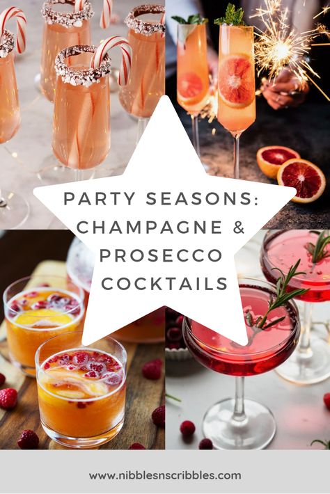 Party Seasons: Champagne and Prosecco Cocktails.   #Cocktails #Party #Drinks Cocktail Recipes For New Years, Festive Prosecco Cocktails, Holiday Drinks Prosecco, Christmas Cocktails Recipes Champagne, Nye Champagne Cocktails, New Year Cocktail Party, Prosecco Cocktails New Years Eve, Nye Party Drinks, Holiday Cocktails With Prosecco