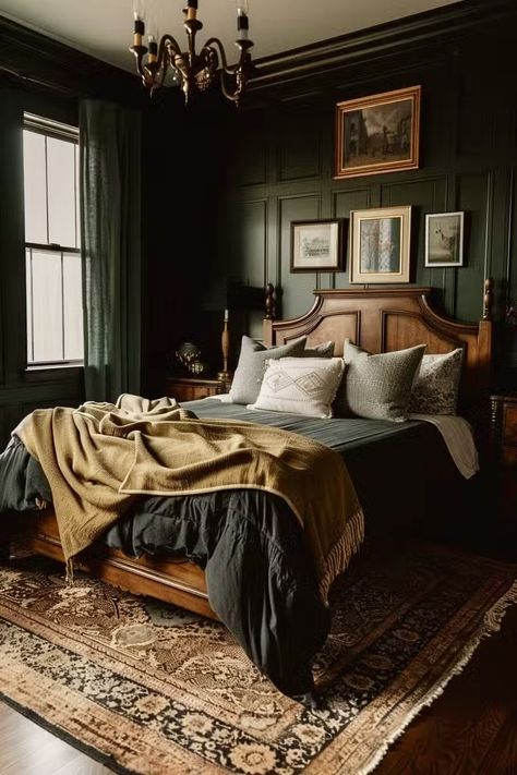 Dark Green Moody Bedroom, Dark Academia Bedroom Decor, Goth Bedroom Ideas, Dark Academia Bedroom, Moody Bedroom Ideas, Academia Bedroom, Masculine Bedroom, Moody Bedroom, Dark Bedroom