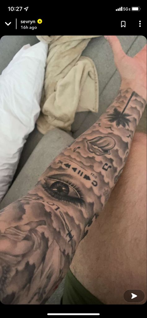 Clouds Around Arm Tattoo, Arm Cloud Tattoo Men, Tattoo Transition Ideas, Cloud Tattoo Sleeve For Men, Cloud Tattoo Arm, Cloud Tattoo Sleeve Forearm, Filler Tattoo Ideas Gap Men Arm, Arm Cloud Tattoo, Time Is Limited Tattoos