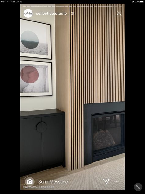 Wood Panels On Fireplace Wall, Wood Slat Mantle, Wooden Slat Fireplace Wall, Fireplace Tv Wall Wood Slats, Wooden Panel Fireplace, Black Wood Slat Fireplace, Fireplace With Slat Wall, Fireplace With Wood Slats, Wood Panelling Fireplace Wall