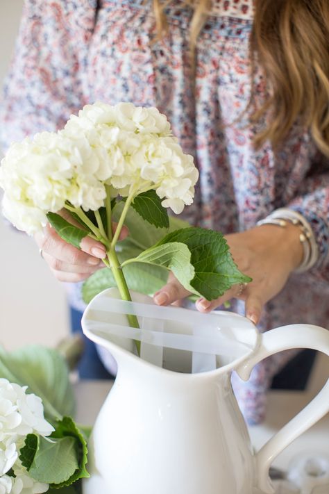 Flower Arrangement In Pitcher, Farmhouse Pitcher With Flowers, Pitcher Floral Arrangements, White Pitcher With Flowers, Diy Fall Table Centerpieces, Pitcher Flower Arrangement, Greenery Floral Arrangement, North Carolina Style, White Pitchers