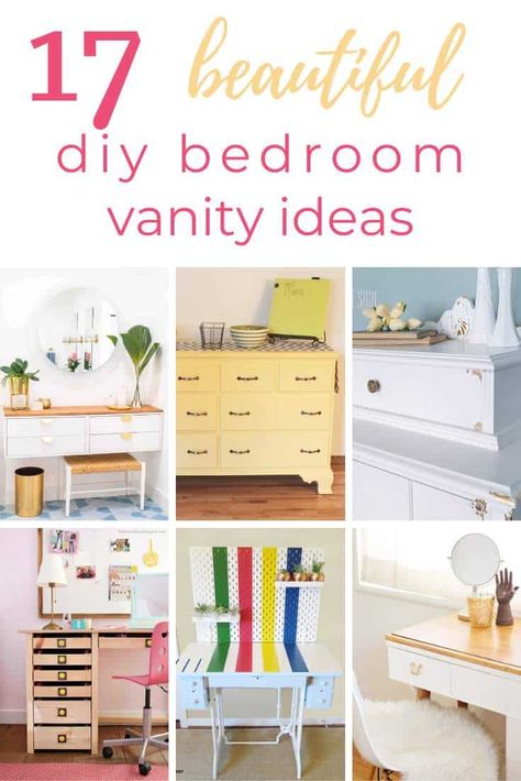 How To Make A Makeup Vanity Out Of A Dresser, Turning A Desk Into A Makeup Vanity, Painted Makeup Vanity Ideas, Nightstand Vanity Combo, Makeup Corner In Bedroom Small Spaces Vanity Ideas, Make Up Vanity Ideas Diy, Homemade Vanity Ideas, Diy Makeup Vanity Homemade, Diy Bedroom Vanity